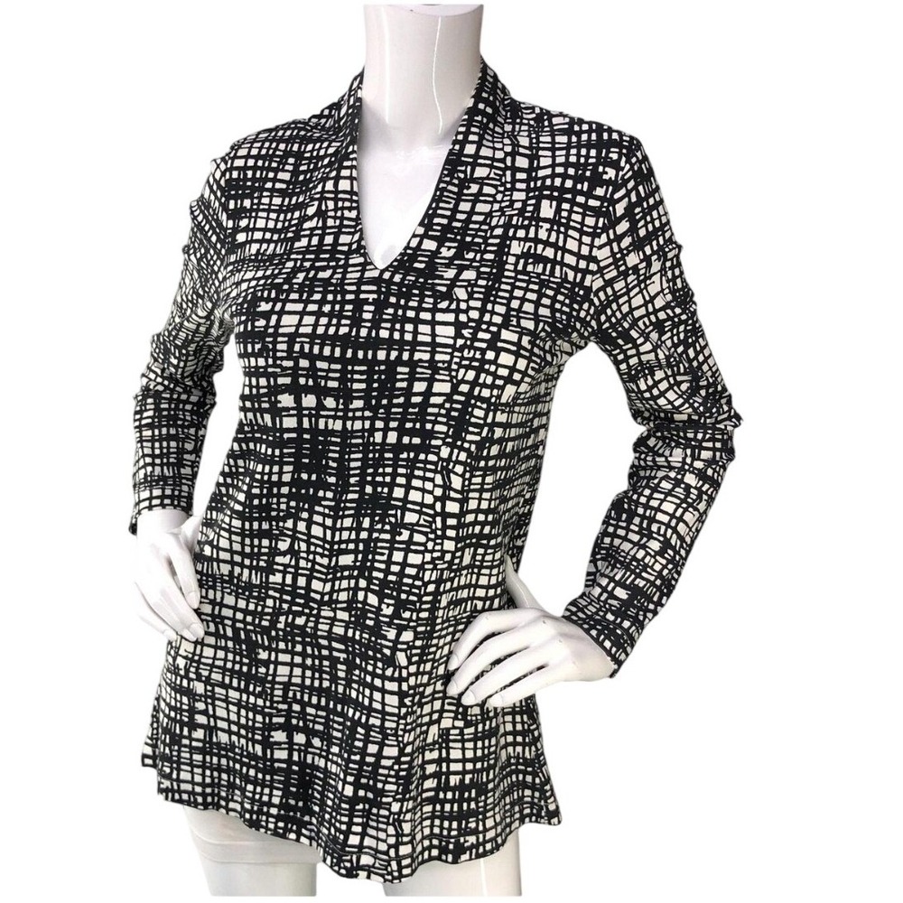Chico's Tunic Top Black White Abstract Grid Pima Cotton Casual‎ Size 0 Small